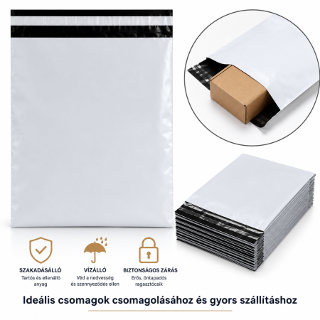Prémium LDPE Futártasak, 45 × 55 cm + 5 cm Ragasztófül, 100 Mikron, Öntapadós, Vízálló és Szakadásálló, Szürke Külső / Fekete Belső [2]