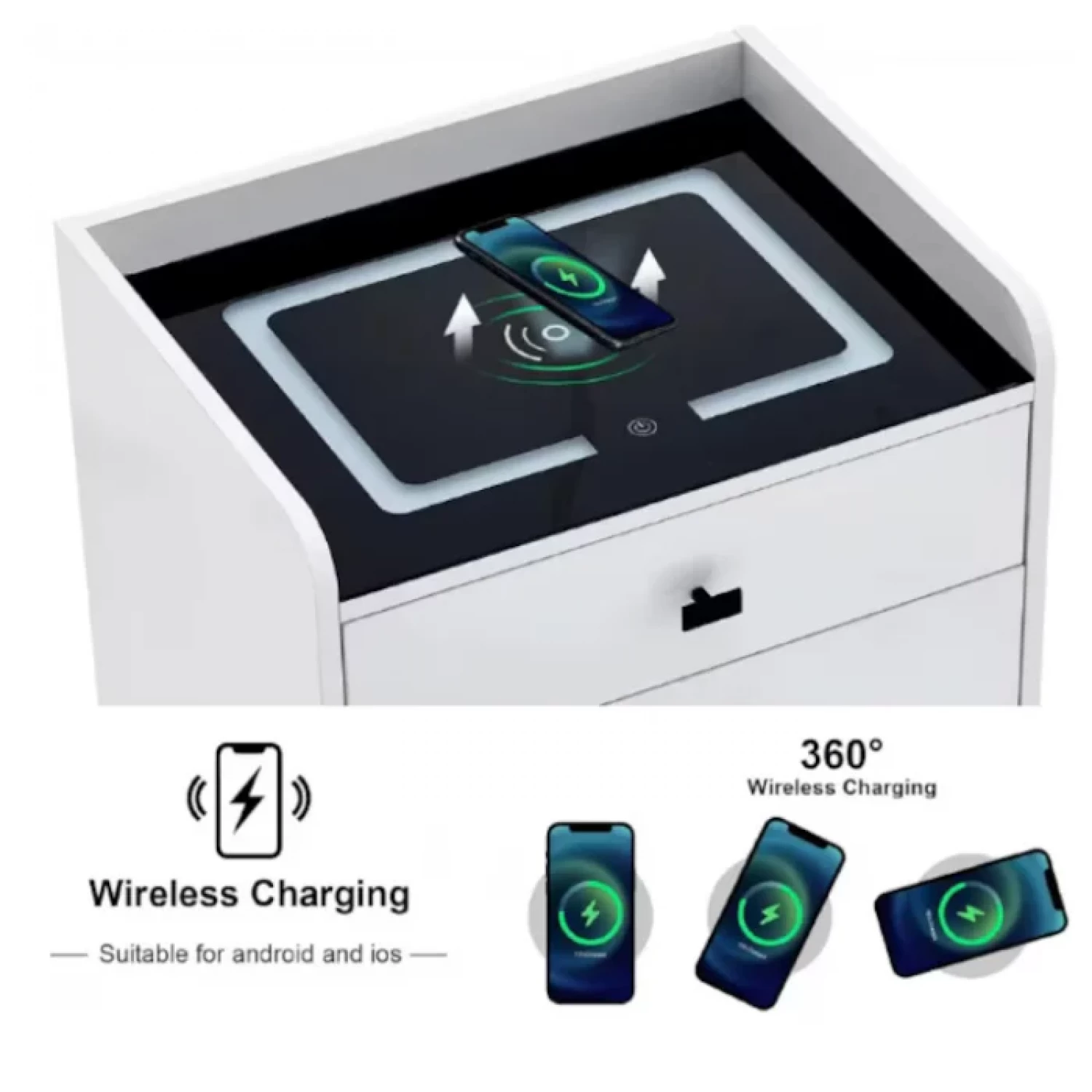 Prémium multifunkciós okos éjjeliszekrény ujjlenyomat zárral, Qi vezeték nélküli töltés, USB és USB-C, beépített Bluetooth hangszóró, 2 fiók, edzett üveg tető, 50×40×46 cm, világosszürke [3]