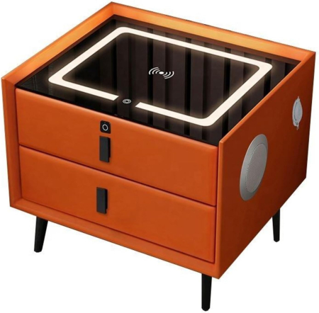 Otthon és Konyha - Prémium multifunkciós okos éjjeliszekrény ujjlenyomat zárral, Qi vezeték nélküli töltés, USB és USB-C, beépített Bluetooth hangszóró, 2 fiók, edzett üveg tető, 50×40×46 cm, narancssárga