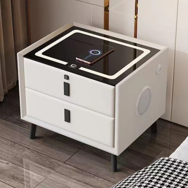 Otthon és Konyha - Prémium multifunkciós okos éjjeliszekrény ujjlenyomat zárral, Qi vezeték nélküli töltés, USB és USB-C, beépített Bluetooth hangszóró, 2 fiók, edzett üveg tető, 50×40×46 cm, krém