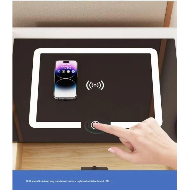 Prémium multifunkciós okos éjjeliszekrény ujjlenyomat zárral, Qi vezeték nélküli töltés, USB és USB-C, beépített Bluetooth hangszóró, 2 fiók, edzett üveg tető, 50×40×46 cm, krém [2]