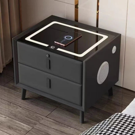 Otthon és Konyha - Prémium multifunkciós okos éjjeliszekrény ujjlenyomat zárral, Qi vezeték nélküli töltés, USB és USB-C, beépített Bluetooth hangszóró, 2 fiók, edzett üveg tető, 50×40×46 cm, sötétszürke