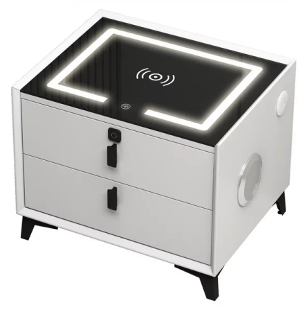 Otthon és Konyha - Prémium multifunkciós okos éjjeliszekrény ujjlenyomat zárral, Qi vezeték nélküli töltés, USB és USB-C, beépített Bluetooth hangszóró, 2 fiók, edzett üveg tető, 50×40×46 cm, világosszürke