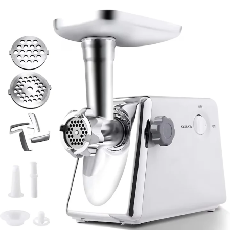 Otthon és Konyha - Professzionális Húsdaráló Gép 3000W, Termelés 120 kg/óra, 2 Vágótárcsa, Fordított Rendszer, Alumínium + ABS, Ezüst