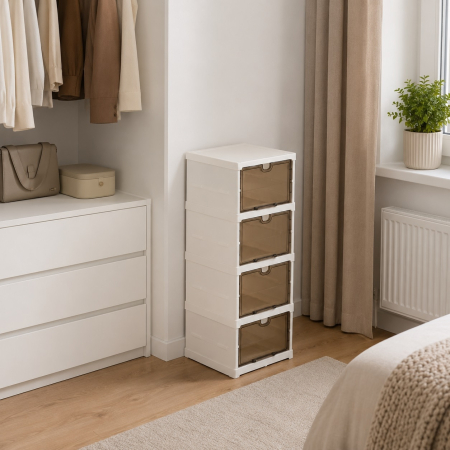 4 Szintes Összecsukható Moduláris Cipőtartó, 20 × 35 × 71,5 cm, Átlátszó Ajtókkal, 4 Pár Cipő Tárolására, Helytakarékos Kialakítás, Fehér [4]