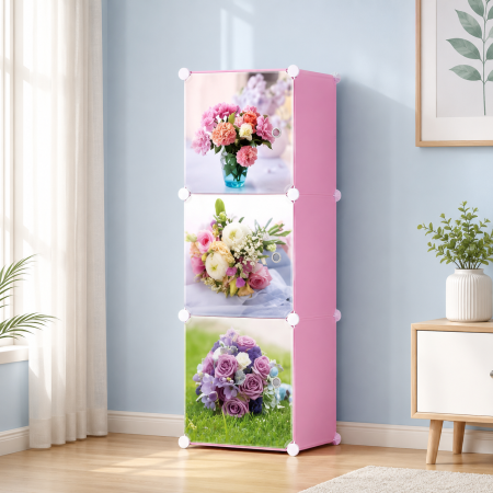 Polcok, rendszerezők és tartók - 3 Rekeszes Moduláris Tárolószekrény 37x37x111 cm, Polipropilén Panelekkel és Acélvázzal, Víz- és Porálló, Összecsukható Ajtókkal, Rózsaszín