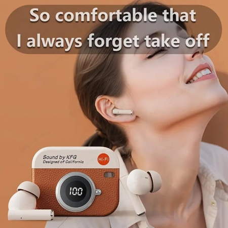 Retro stílusú vezeték nélküli fülhallgató, narancssárga, Bluetooth 5.4, aktív zajszűrés (ANC), vízálló kamera dizájn, digitális kijelző, érintésvezérlés, prémium sztereó hang [1]