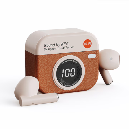 Retro stílusú vezeték nélküli fülhallgató, narancssárga, Bluetooth 5.4, aktív zajszűrés (ANC), vízálló kamera dizájn, digitális kijelző, érintésvezérlés, prémium sztereó hang [0]