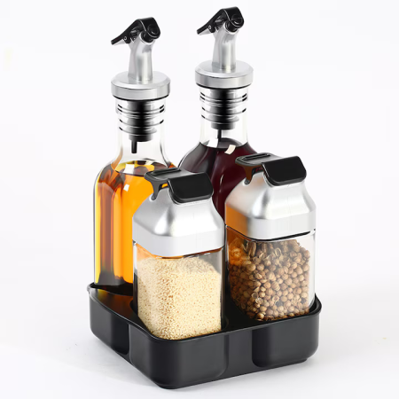 Otthon és Konyha - 5 Részes Olaj- és Fűszertartó Készlet Állvánnyal, 2 x 150 ml és 2 x 80 ml Üveg Tartállyal, Olajhoz, Ecethez, Sóhoz és Borshoz, Elegáns Konyhai Kialakítás