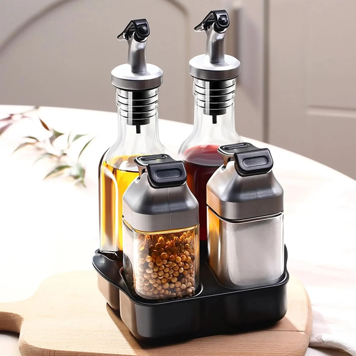 5 Részes Olaj- és Fűszertartó Készlet Állvánnyal, 2 x 150 ml és 2 x 80 ml Üveg Tartállyal, Olajhoz, Ecethez, Sóhoz és Borshoz, Elegáns Konyhai Kialakítás [5]