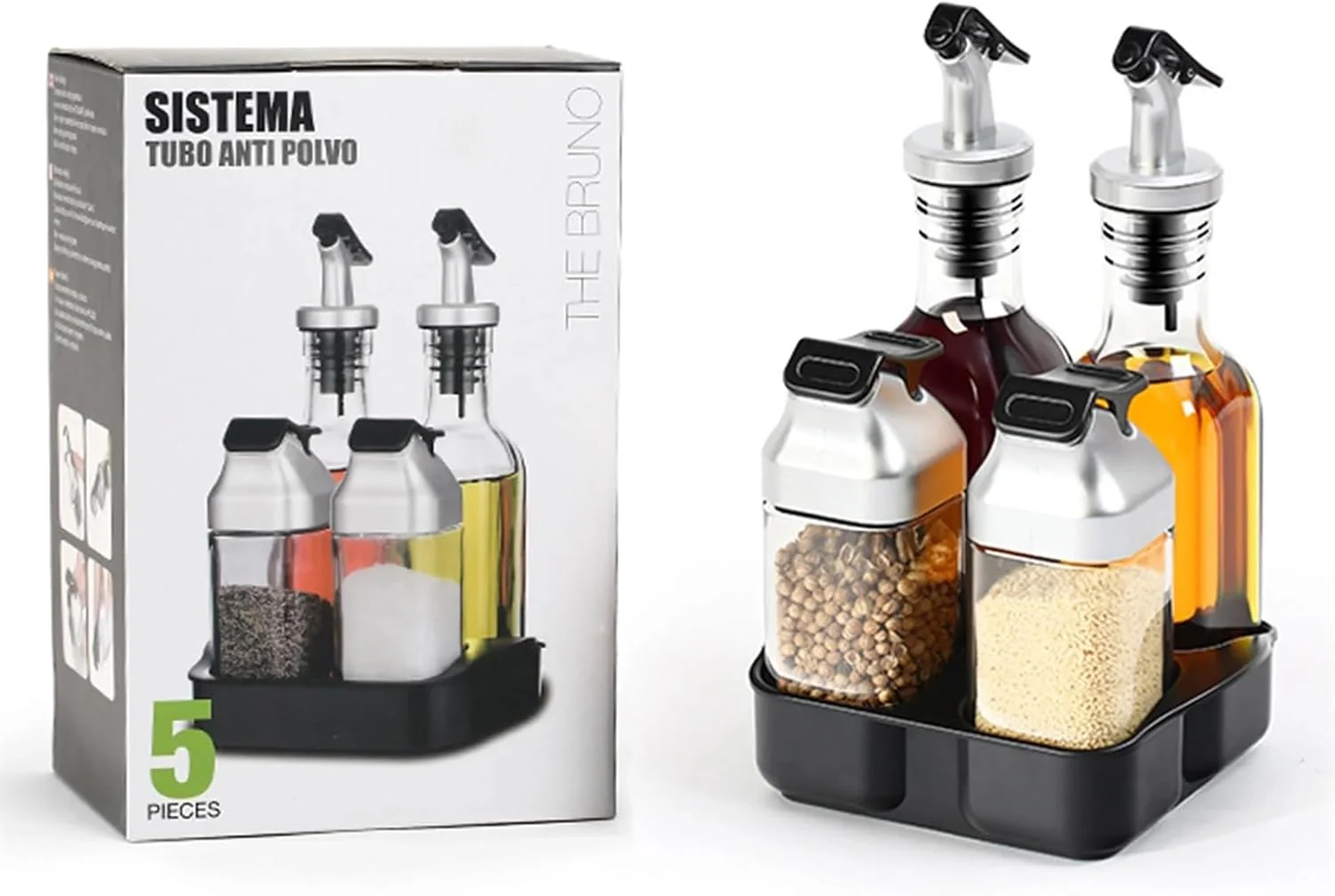 5 Részes Olaj- és Fűszertartó Készlet Állvánnyal, 2 x 150 ml és 2 x 80 ml Üveg Tartállyal, Olajhoz, Ecethez, Sóhoz és Borshoz, Elegáns Konyhai Kialakítás [1]