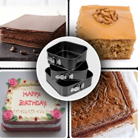 3 Részes Négyzet Alakú Tortaforma Készlet, 24, 26 és 28 cm, Levehető Peremmel, Tapadásmentes és Szivárgásmentes Kialakítással, Sajttortákhoz és Desszertekhez [1]