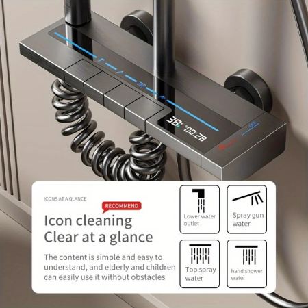Digitális Kijelzős Zuhanyszett, Víztakarékos Technológia, Állítható Telepítés, Tartós Alumínium és Réz Szerkezet, Modern Világosszürke Dizájn [3]