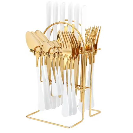 Otthon és Konyha - 24 Részes Evőeszköz Készlet 6 Személyre, Arany/Fehér Rozsdamentes Acél, Recés Kések, Villák és Kanalak, Karcsú és Elegáns, Luxus Kivitel