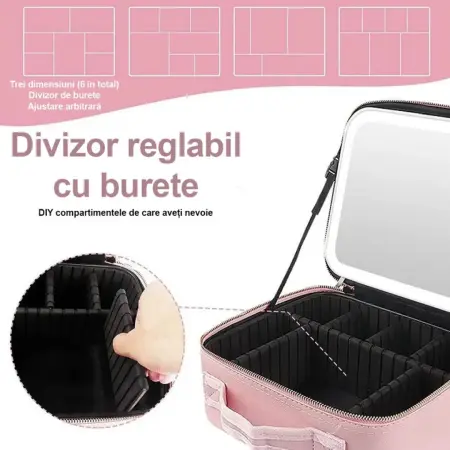 Sminktáska, elegáns dizájn, beépített tükör, 3 színű LED világítás, 4K-72 LED, érintőképernyő, 2000 mAh újratölthető akkumulátor, állítható rekeszek, korrózióálló cipzár [7]
