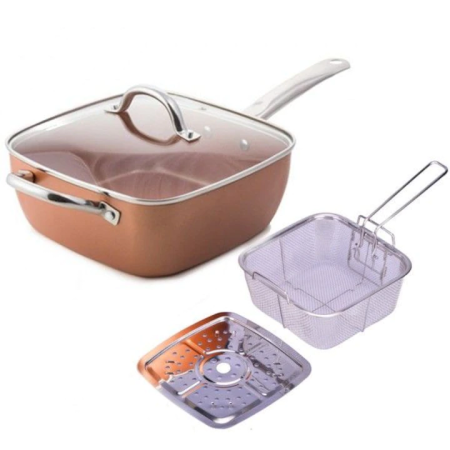 Sokfunkciós négyzet alakú serpenyő – tapadásmentes, sütőbe és fritőzbe is, minden típusú főzőlapon és indukciós tűzhelyen használható, 24 × 24 × 9 cm [3]