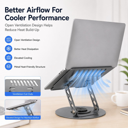 Ergonomikus Fém Laptopállvány, Állítható és Összecsukható Kialakítás, 360°-ban Forgatható Talppal és Csúszásgátló Szilikon Betétekkel, 15,6–17 Hüvelykes Laptopokhoz, Matt Szürke [2]
