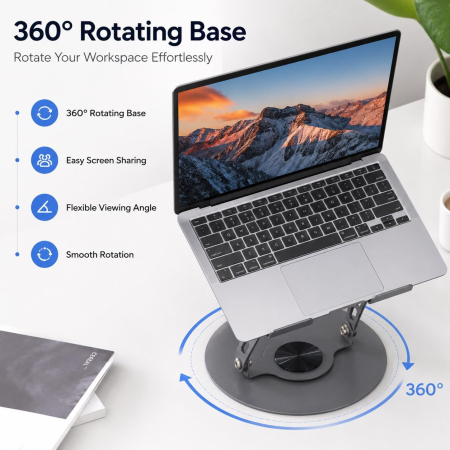 Ergonomikus Fém Laptopállvány, Állítható és Összecsukható Kialakítás, 360°-ban Forgatható Talppal és Csúszásgátló Szilikon Betétekkel, 15,6–17 Hüvelykes Laptopokhoz, Matt Szürke [3]