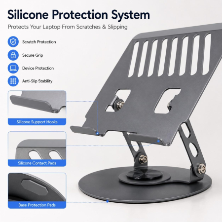 Ergonomikus Fém Laptopállvány, Állítható és Összecsukható Kialakítás, 360°-ban Forgatható Talppal és Csúszásgátló Szilikon Betétekkel, 15,6–17 Hüvelykes Laptopokhoz, Matt Szürke [4]