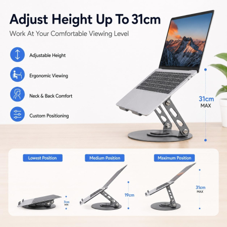 Ergonomikus Fém Laptopállvány, Állítható és Összecsukható Kialakítás, 360°-ban Forgatható Talppal és Csúszásgátló Szilikon Betétekkel, 15,6–17 Hüvelykes Laptopokhoz, Matt Szürke [1]
