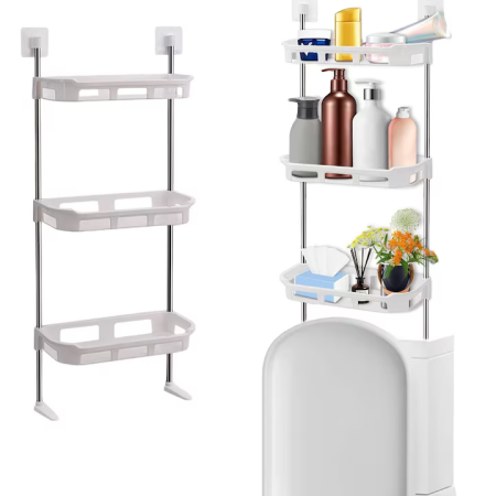 WC Polc és Fürdőszobai Rendszerező, 40x30x5 cm, Vízálló Műanyag, 4 Levehető Kampóval, Szerszám Nélküli Szerelés, Praktikus Fehér Kialakítás [3]