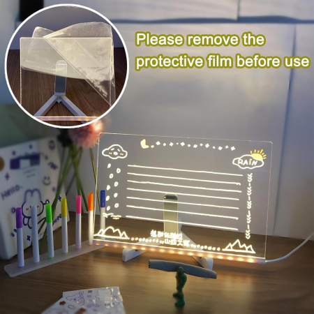 LED jegyzettábla 30×20 cm, újrahasználható rajztábla 7 színes tollal, állvánnyal, gyerekeknek, iskolába és irodába [4]