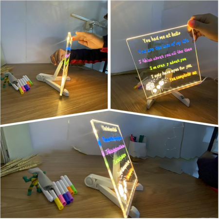 LED jegyzettábla 30×20 cm, újrahasználható rajztábla 7 színes tollal, állvánnyal, gyerekeknek, iskolába és irodába [1]