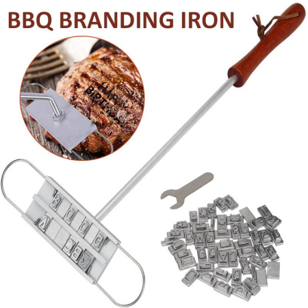 proviz - Húsbélyegző készlet 52 betűvel, fém kivitel fa nyéllel, grill húsok jelölésére, hőálló, ezüst