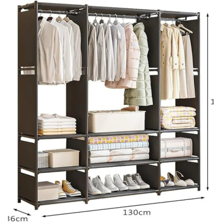 Polcok, rendszerezők és tartók - Textil Ruhásszekrény Akasztórúddal és Tárolópolcokkal, 130 × 36 × 170 cm, Fémvázas, Vízlepergető és Porálló Textilhuzattal, Könnyű Összeszerelés, Fekete
