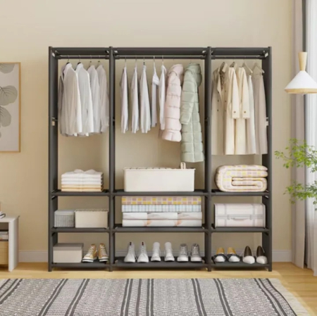 Textil Ruhásszekrény Akasztórúddal és Tárolópolcokkal, 130 × 36 × 170 cm, Fémvázas, Vízlepergető és Porálló Textilhuzattal, Könnyű Összeszerelés, Fekete [5]