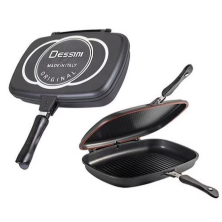 Otthon és Konyha - 36 cm Kétoldalas Tapadásmentes Serpenyő, Öntött Alumínium az Optimális Hőtartásért, Márvány Bevonatú Belső, Mágneses Cseppmentes Zárás, Praktikus Kialakítás az Egyenletes Sütéshez