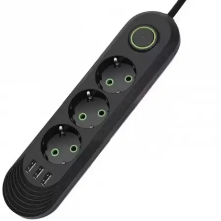 Elektromos szerszámok és eszközök - Univerzális hosszabbító 3 aljzattal és 2 USB porttal, beépített akasztóval, hőálló kivitelben, 2 m hosszú, fekete színben, kapcsolóval – multifunkcionális megoldás otthonra és irodába