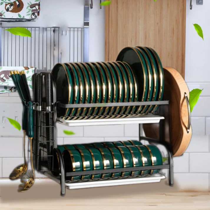 Rafturi, Organizatoare si Suporturi - Uscător veselă bucătărie 2 niveluri, organizator pentru farfurii și tacâmuri, structură metal și plastic rezistent, design compact economisire spațiu, negru
