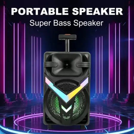 Vezeték nélküli hordozható hangszóró 8 hüvelykes mélynyomóval, 250W PMPO, szinkronizált RGB LED fényekkel, mikrofonnal, Bluetooth, USB, TF és AUX csatlakozással – ideális bulikhoz, karaoke-hoz és szab [1]