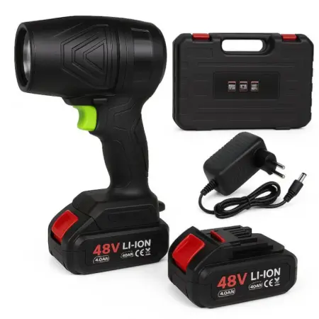 Elektromos szerszámok és eszközök - Vezeték nélküli hordozható légfúvó, kb. 1000 W, 150 000 RPM, 2 × 48 V akkumulátorral és töltővel, többcélú használatra, fekete