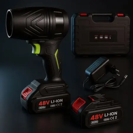 Vezeték nélküli hordozható légfúvó, kb. 1000 W, 150 000 RPM, 2 × 48 V akkumulátorral és töltővel, többcélú használatra, fekete [2]