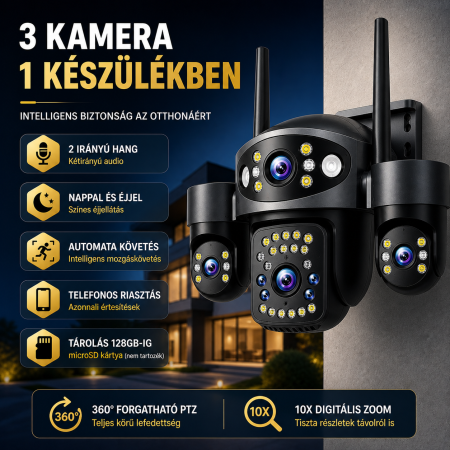 WiFi Full HD kültéri megfigyelő kamera, 3 lencsével, 360° PTZ, 10X zoom, AI automatikus követés, színes éjjellátás, kétirányú hang [2]