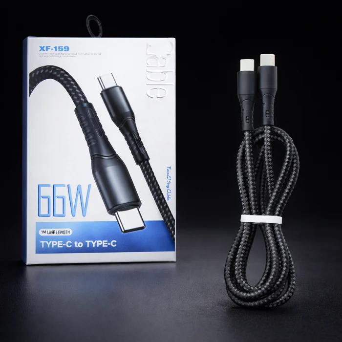 Telefontartozékok - XF-169 dupla USB-C kábel, 66W, Gyors töltés és adatátvitel – USB-C csatlakozó mindkét végén, Tartós PVC/Nylon anyag, Ideális okostelefonokhoz és táblagépekhez