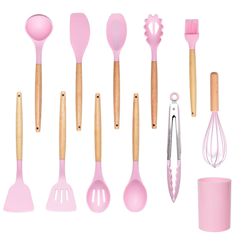 Set 12 tacâmuri din silicon alimentar, mânere din lemn, termorezistente și antiaderente, suport inclus, culori diverse [9]