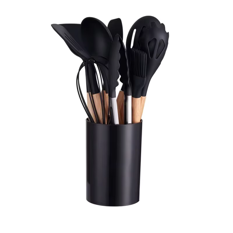 Set 12 tacâmuri din silicon alimentar, mânere din lemn, termorezistente și antiaderente, suport inclus, culori diverse [6]