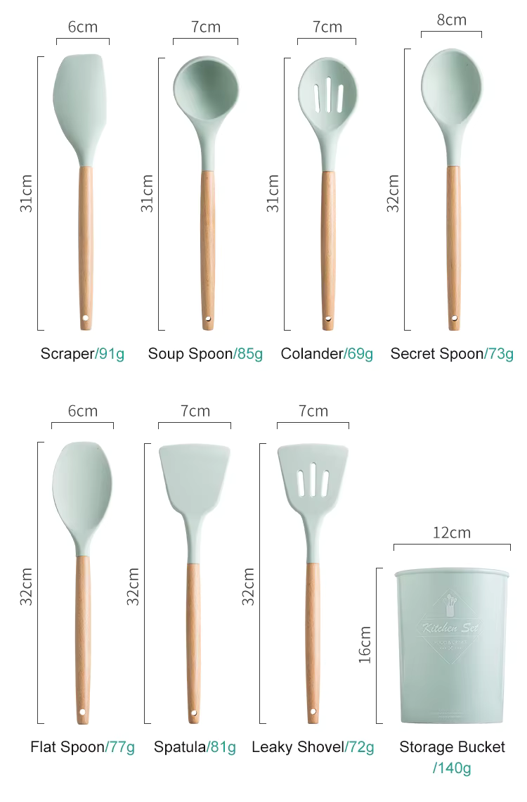 Set 12 tacâmuri din silicon alimentar, mânere din lemn, termorezistente și antiaderente, suport inclus, culori diverse [11]
