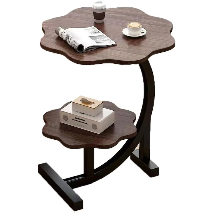 Măsuță laterală cu 2 niveluri, blat tip lemn și cadru metalic, design modern compact, pentru living, dormitor sau birou, maro/negru [2]