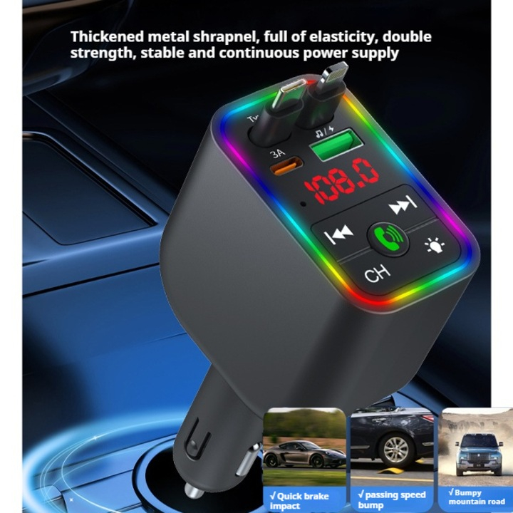 Adaptor auto Bluetooth 4in1 BT 5.3, FM Transmitter cu afișaj LED, USB și Type-C, încărcare rapidă Super Fast Charge, redare MP3/WAV, 12-24V [1]