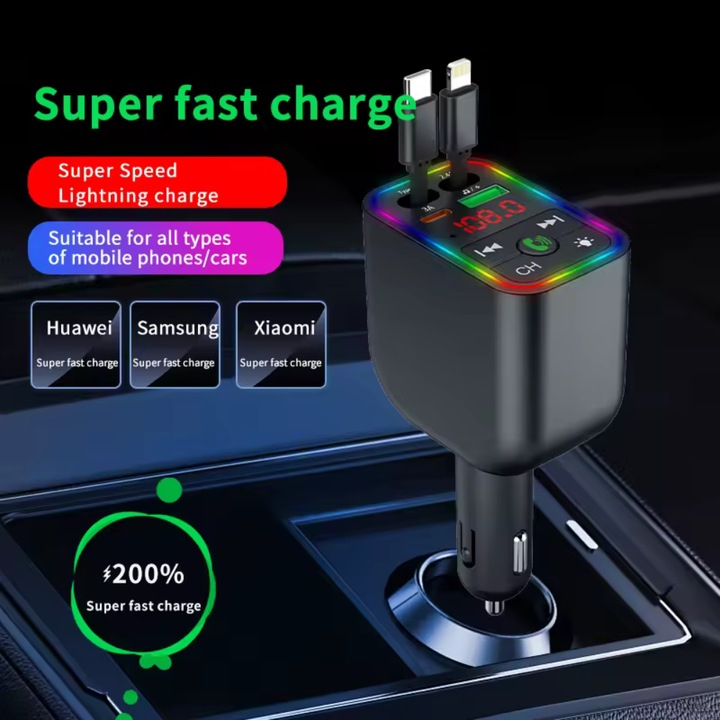 Adaptor auto Bluetooth 4in1 BT 5.3, FM Transmitter cu afișaj LED, USB și Type-C, încărcare rapidă Super Fast Charge, redare MP3/WAV, 12-24V [5]