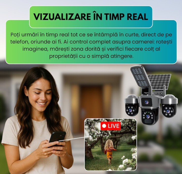 Cameră Supraveghere Solară 4G 12MP, 3 Lentile, PTZ 360°, Zoom 10X, Night Vision Color, Audio Bidirecțional, Lampă LED, Alarmă [3]
