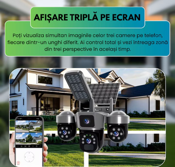 Cameră Supraveghere Solară 4G 12MP, 3 Lentile, PTZ 360°, Zoom 10X, Night Vision Color, Audio Bidirecțional, Lampă LED, Alarmă [6]