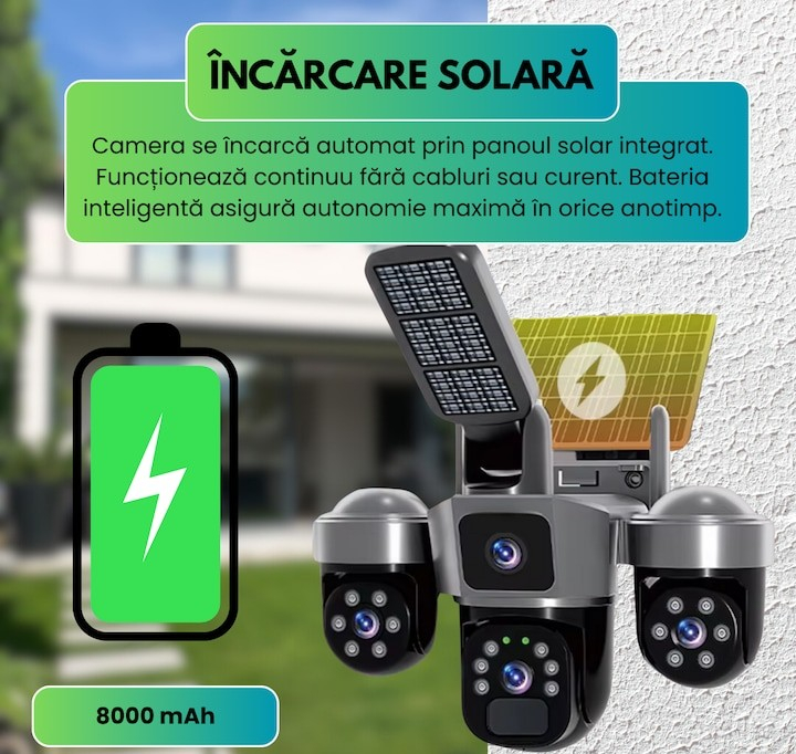 Cameră Supraveghere Solară 4G 12MP, 3 Lentile, PTZ 360°, Zoom 10X, Night Vision Color, Audio Bidirecțional, Lampă LED, Alarmă [7]