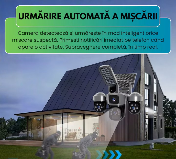 Cameră Supraveghere Solară 4G 12MP, 3 Lentile, PTZ 360°, Zoom 10X, Night Vision Color, Audio Bidirecțional, Lampă LED, Alarmă [8]
