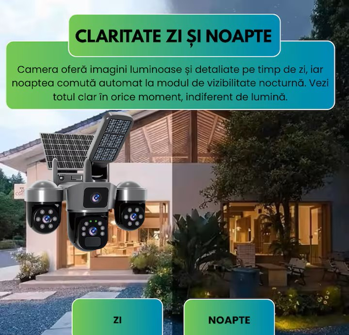 Cameră Supraveghere Solară 4G 12MP, 3 Lentile, PTZ 360°, Zoom 10X, Night Vision Color, Audio Bidirecțional, Lampă LED, Alarmă [4]