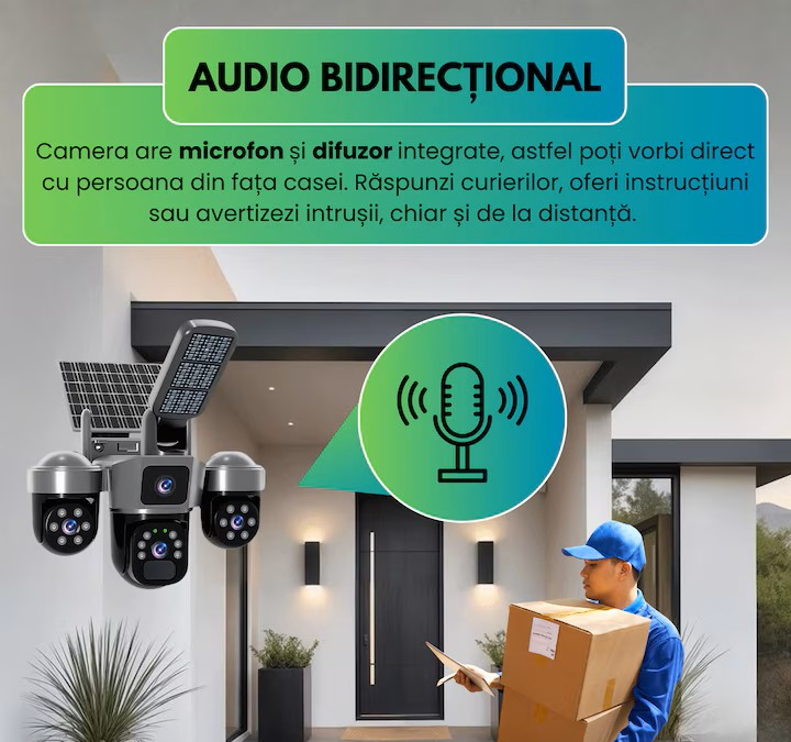 Cameră Supraveghere Solară 4G 12MP, 3 Lentile, PTZ 360°, Zoom 10X, Night Vision Color, Audio Bidirecțional, Lampă LED, Alarmă [5]